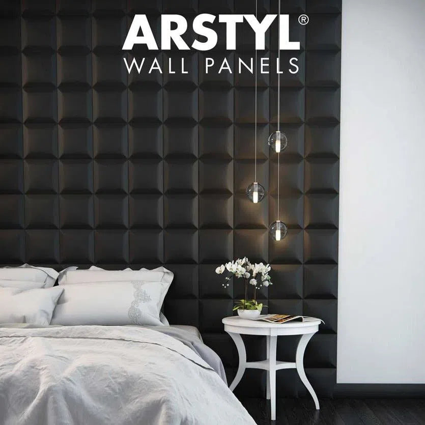 Square 3D Wall Panels ARSTYL® in a stylish bedroom, adding depth and texture to the wall | DecorMania UK